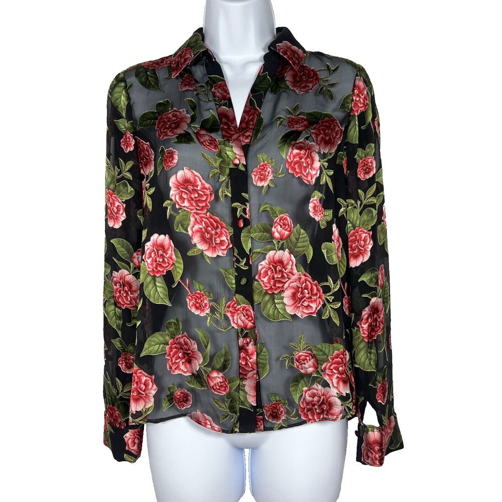 Alice Olivia Womens Floral Blouse Sz XS Silk Blend Button Down Sheer Romantic
